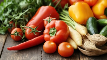 Sustainable Farm-to-Table Meal - A farm-to-table meal with fresh organic vegetables, grains, and locally-sourced ingredients, served on a rustic wooden table