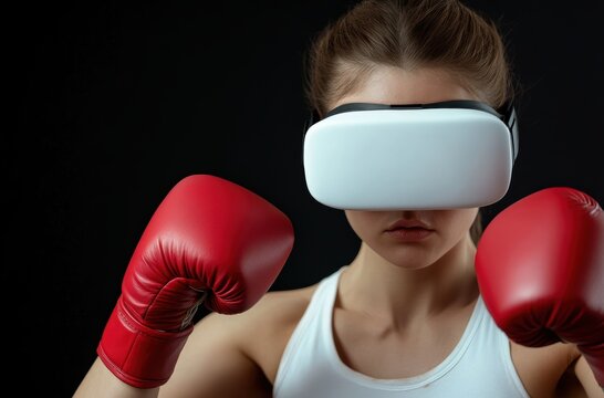 A woman wearing VR headset to exercise with simulation boxing games, Young female athlete boxer virtual reality combat experience activity.