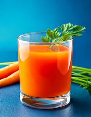 Carrot juice decorated with green leaves in a transparent glass on a blue background