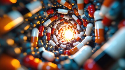 Obraz premium An abstract composition of capsules and pills forming a spiral pattern, representing the complexity of modern medicine.