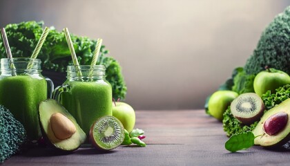 Glass jar mugs with green health smoothie, kale leaves, lime, apple, kiwi, grapes, banana, avocado, lettuce. Copy space. Raw, vegan, vegetarian, alkaline food concept. Banner