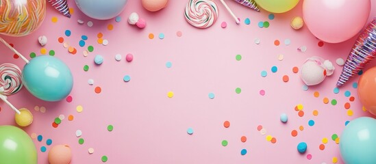 Colorful Party Supplies and Confetti on Pink Background