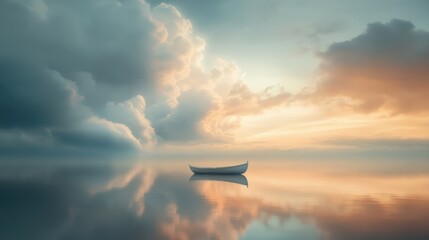 A boat is floating on a calm lake with a cloudy sky in the background