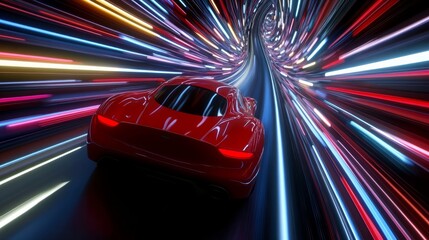 Red sports car speeding on a neonlit highway Supercar accelerates powerfully on a night track with colorful trails 3D illustration