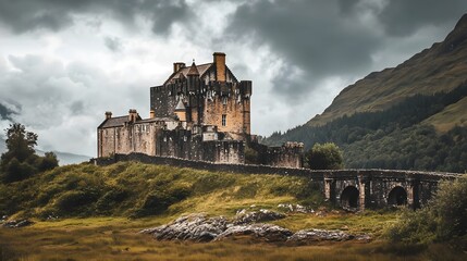 A photo of a medieval castle perched on a hill under a dramatic cloudy sky.
