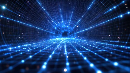 Naklejka premium Blue digital tunnel, glowing grid, data flow, cosmic background, tech presentation