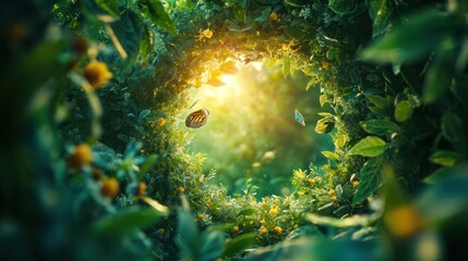 Magical floral archway, sunlight, butterflies, garden, fantasy, background, website