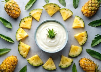 Fresh pineapple slices surround creamy yogurt in a bright flat lay arrangement