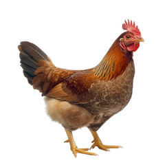 Fototapeta premium brown hen standing upright. showcasing its vibrant plumage and distinctive features such as a red comb and wattles this depiction highlights the hen's natural beauty and can serve educational or illus