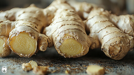 Close-up of fresh ginger roots, showing texture and detail.