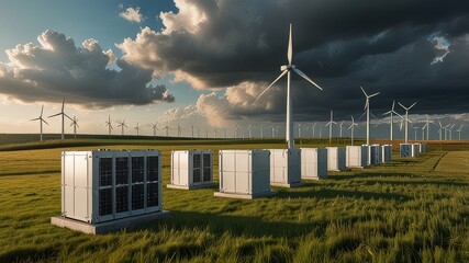 Modern battery energy storage system with wind turbines and solar in grass fields