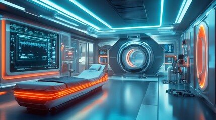 Obraz premium A futuristic medical scanning chamber with glowing energy fields and holographic patient data displays