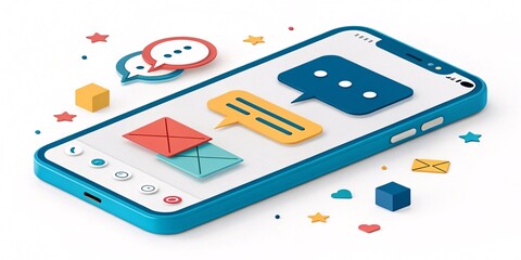 3D Isometric Smartphone with Messaging, Heart Icons & Chat Bubbles V1