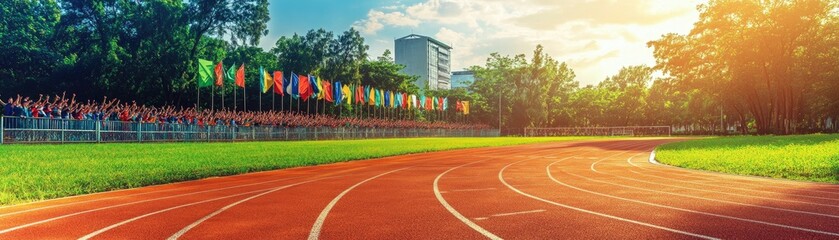 A sunlit track surrounded by spectators and flags, suggesting an athletic event.