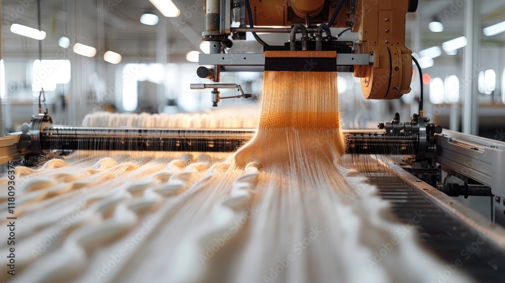 Poster Robot weaver producing intricate fabrics for designers.