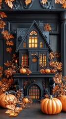 Obraz premium A small haunted house sitting atop an elegant fireplace, surrounded by pumpkins and fall foliage, with glowing windows and a black color palette.
