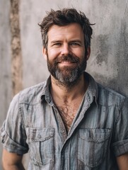 Fototapeta premium Portrait of a smiling man in a casual shirt urban setting lifestyle photography natural light positive vibe
