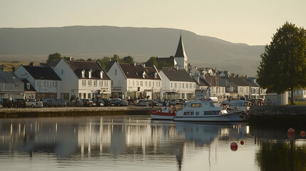Coastal town harbor sunset, boats moored, tranquil waters, hilly background, tourism brochure.