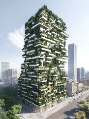 Obraz premium A photo of a modern urban building with vertical gardens covering its façade.