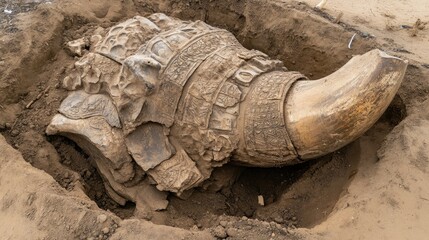 Obraz premium A large, ancient turtle shell partially excavated from the ground.