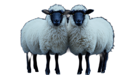 Two Fluffy Sheep Standing Side by Side with Woolly Coats Against a Solid Background for Livestock, Farming, and Nature Related Themes