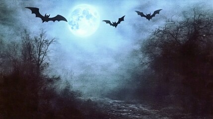 Fototapeta premium Eerie silhouette of bats and moon at night. Dark bats fly across the spooky sky under a full moon. Mysterious forest backdrop, atmospheric halloween theme, gothic and creepy style, ideal for scary