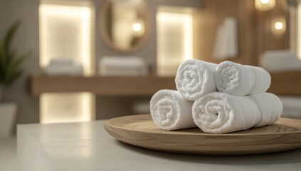 Relaxing Spa Towels on Wooden Tray