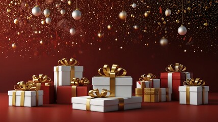 Elegant Holiday Gift Boxes with Gold Ribbons on Festive Display V4