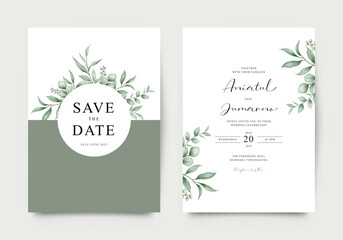 Minimalist wedding invitation set with watercolor green leaves