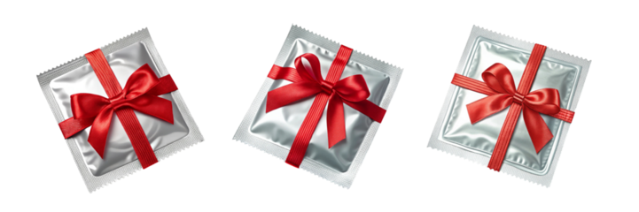 Set of condoms with red ribbon on transparent background. The concept of protection and health.
