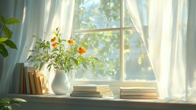 A window sill with books and flowers, a white vase on the windowsill, sunlight shining through sheer curtains