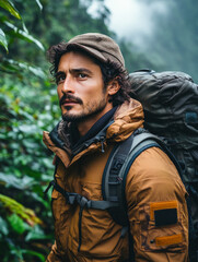 Fototapeta premium Explorer in Jungle with Backpack 