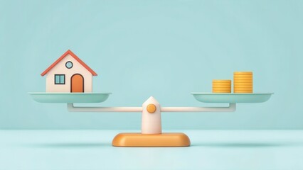 Scale balancing house and stacks of gold coins representing real estate value, property investment, and financial decisions.