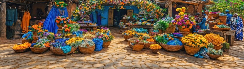 Fototapeta premium Vibrant marketplace filled with colorful flowers and produce in woven baskets.