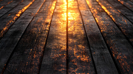 Golden Sunset on Dark Wood Planks: 3D Illustration