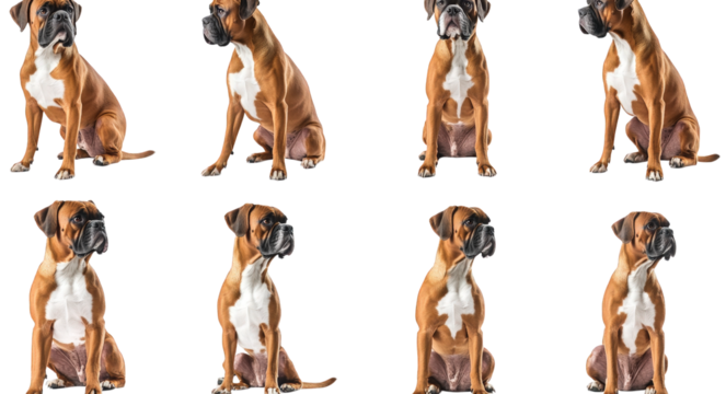 grid of eight identical boxer dogs. each sitting in a similar pose against a white background the dogs display a mix of alertness and calmness. showcasing their muscular build and distinctive facial f