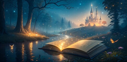 Enchanted Realm with Magical Castle, Glowing Book, and Mystical Forest V1