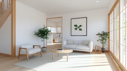 A modern home's living room features a stylish sofa, minimalist decor, and large windows for natural light.