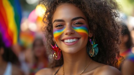 Smiling woman, rainbow face paint, Pride parade, celebration