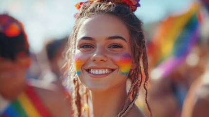 Fototapeta premium Smiling woman, rainbow makeup, pride parade, sunny day
