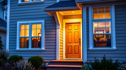 Fototapeta premium Nighttime Exterior View of a Residence with Illuminated Windows and Door