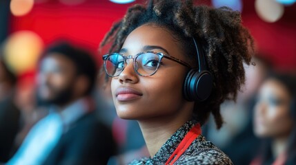 Fototapeta premium Conference attendee listens intently, headphones on, audience blurred