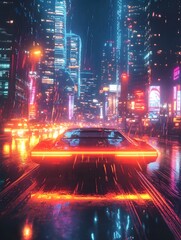 A photo of a neon-lit city skyline reflected in a futuristic electric car.