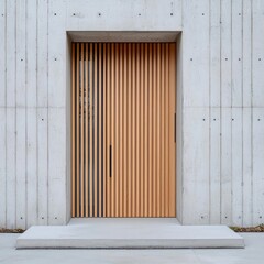 Simple wooden front door with vertical slats, contrasted by sleek concrete exterior.