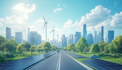 Fototapeta premium Clean energy future city, wind turbines, solar panels on rooftops, electric vehicles on city streets, sustainable urban living concept