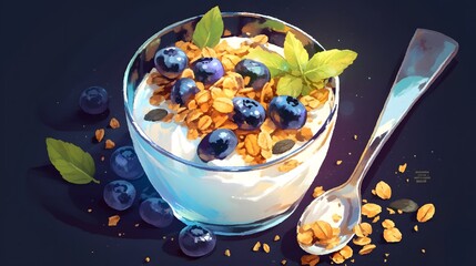 A vibrant yogurt parfait with granola, blueberries, and a hint of mint, set against a dark background for an elegant look