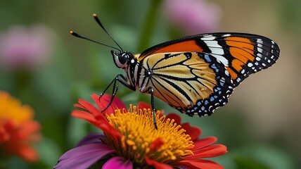Naklejka premium Close-up of a butterfly resting on a vibrant flower