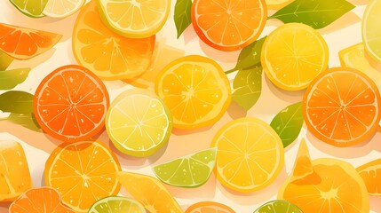 A visually appealing mosaic of citrus slices artfully arranged to form a seamless pattern, showcasing vibrant colors and subtle gradients