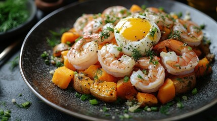 Photograph of a sophisticated dish featuring prawns, sliced egg yolk, and sweet potato on an elegant ceramic plate.