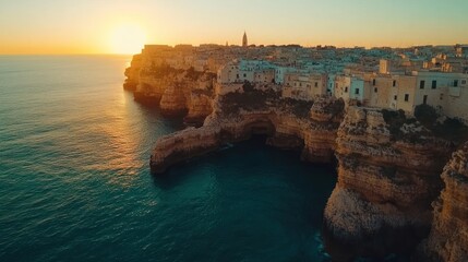 Sunset over Polignano a Mare, Italy: Coastal Town on Cliffs